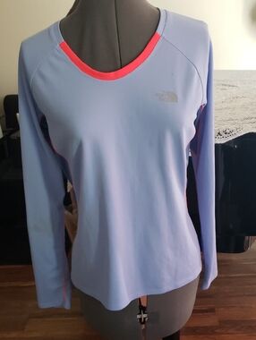 The North Face Light Blue Long-Sleeve Active Top with Pink Trim